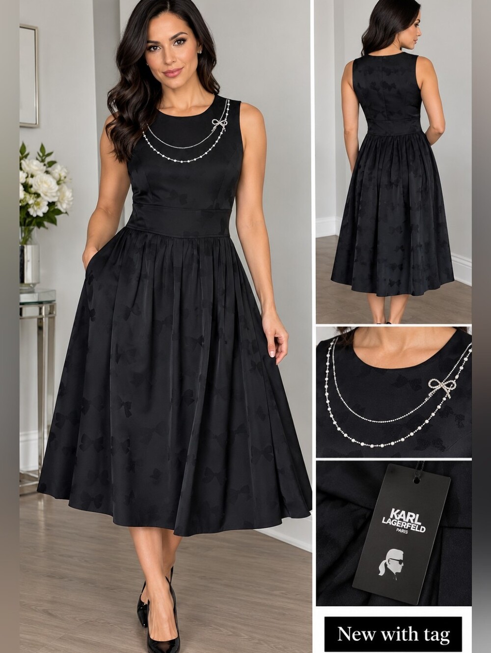 Karl Lagerfeld Black Sleeveless Bow-Jacquard Fit & Flare Midi Dress